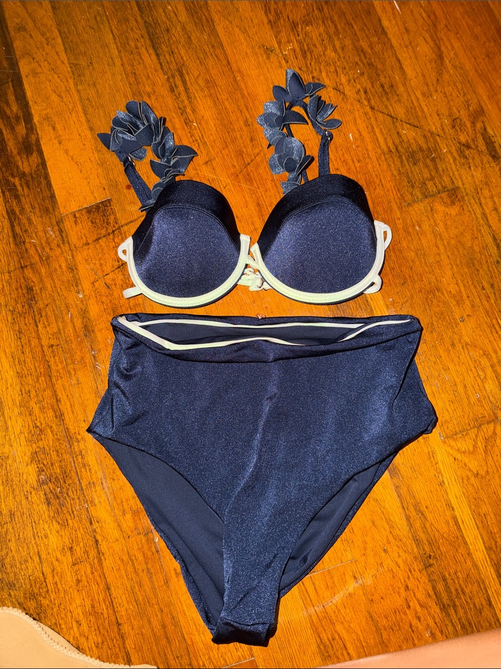 Navy High-Waist Floral Strap Bikini Set